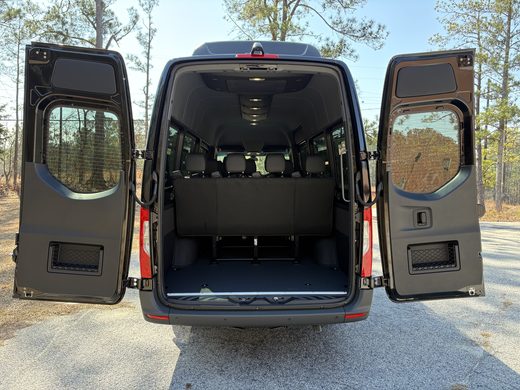 CE7 with both rear doors open, showing the cargo bay